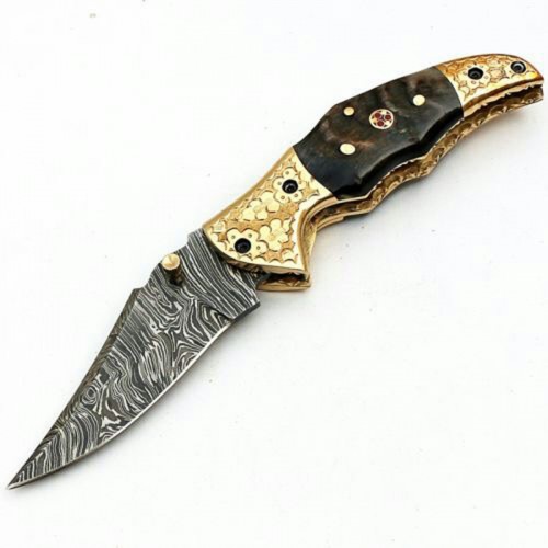 Damascus handmade folding knife beautiful structure with free leather sheath
